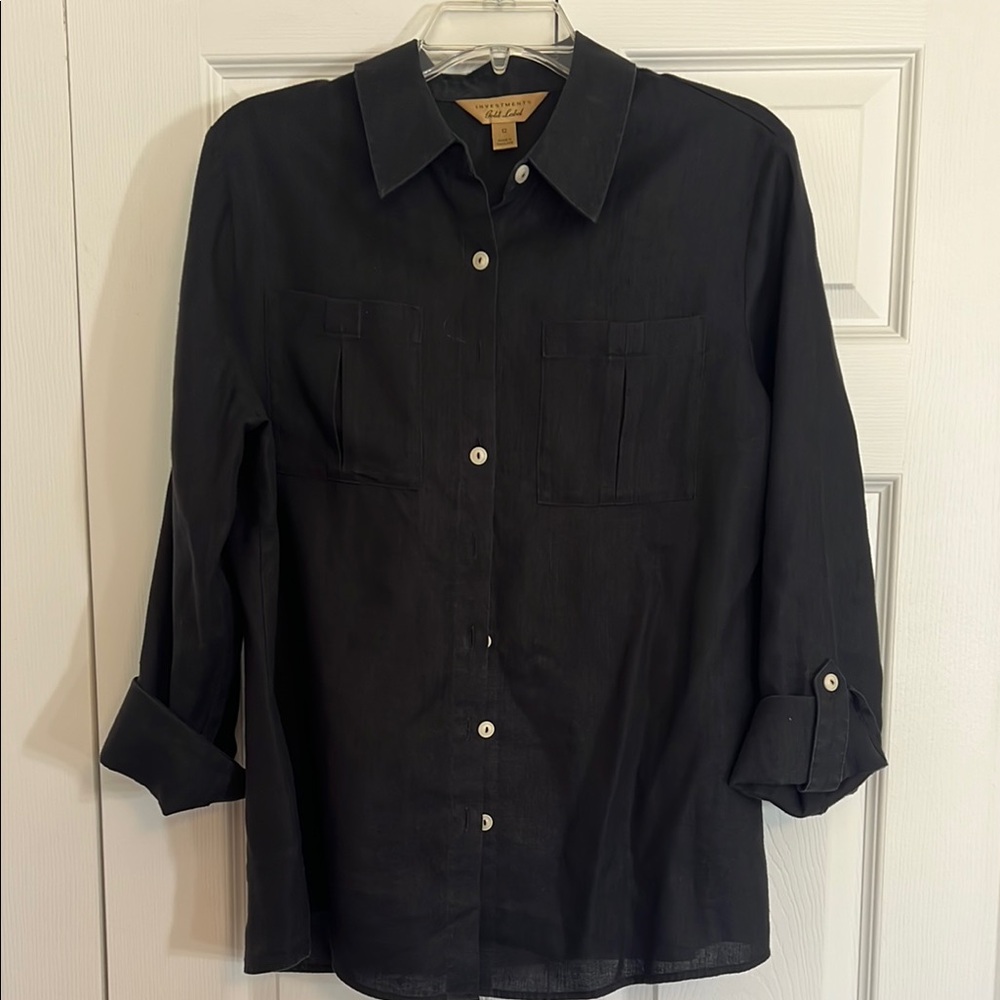 Investments Linen Gold Label Women’s 12 Black button down Tab Sleeve Shirt F1.